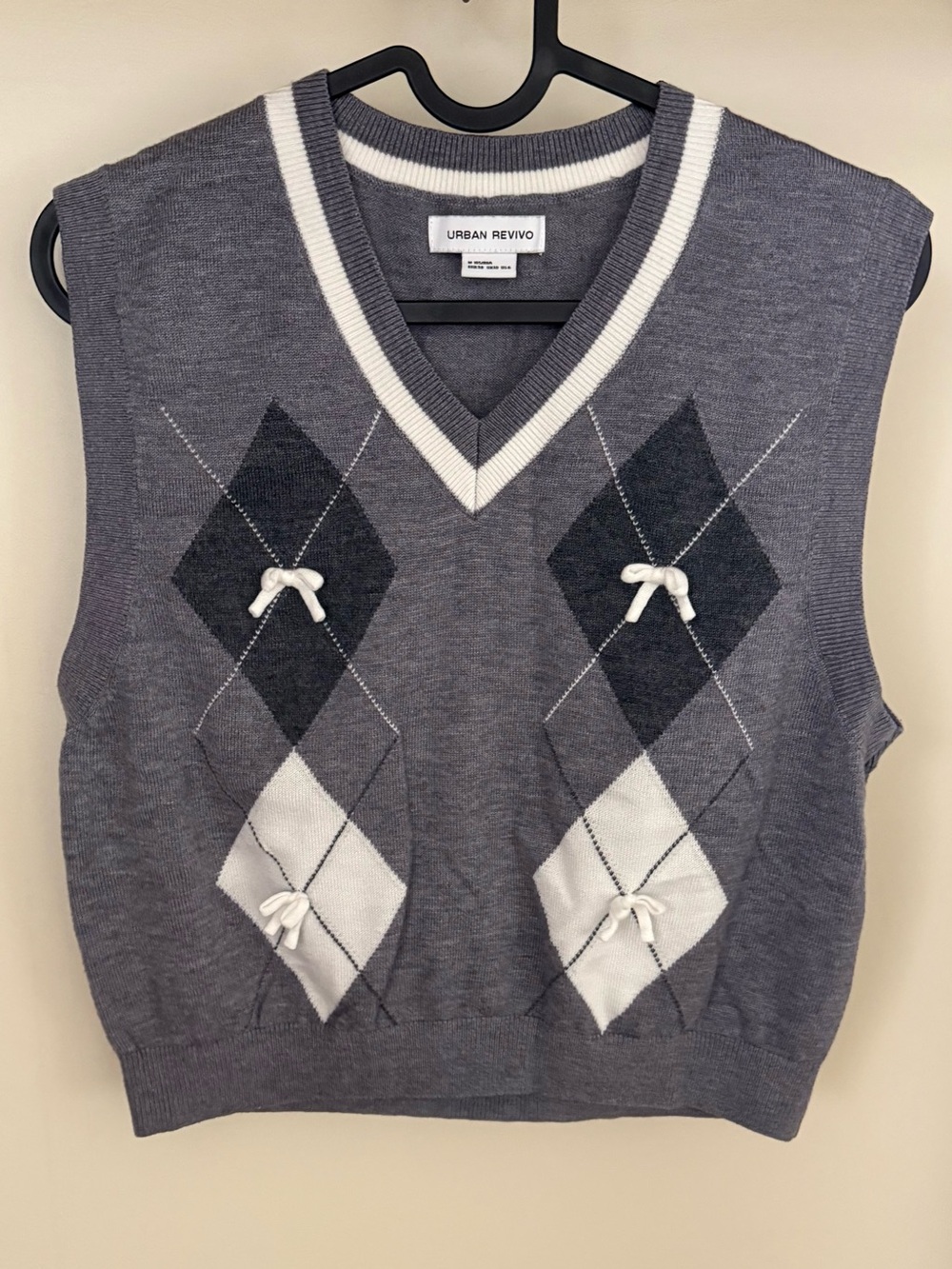 Urban Revivo Grey Argyle Sweater Vest Coquette Bow Detail Preppy V-Neck